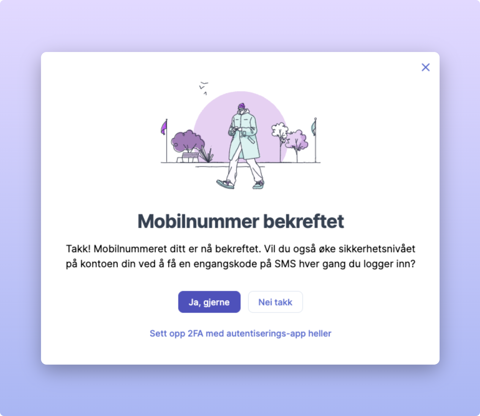 Person med mobil bekrefter aktivering av 2-faktor via SMS med valgknapper