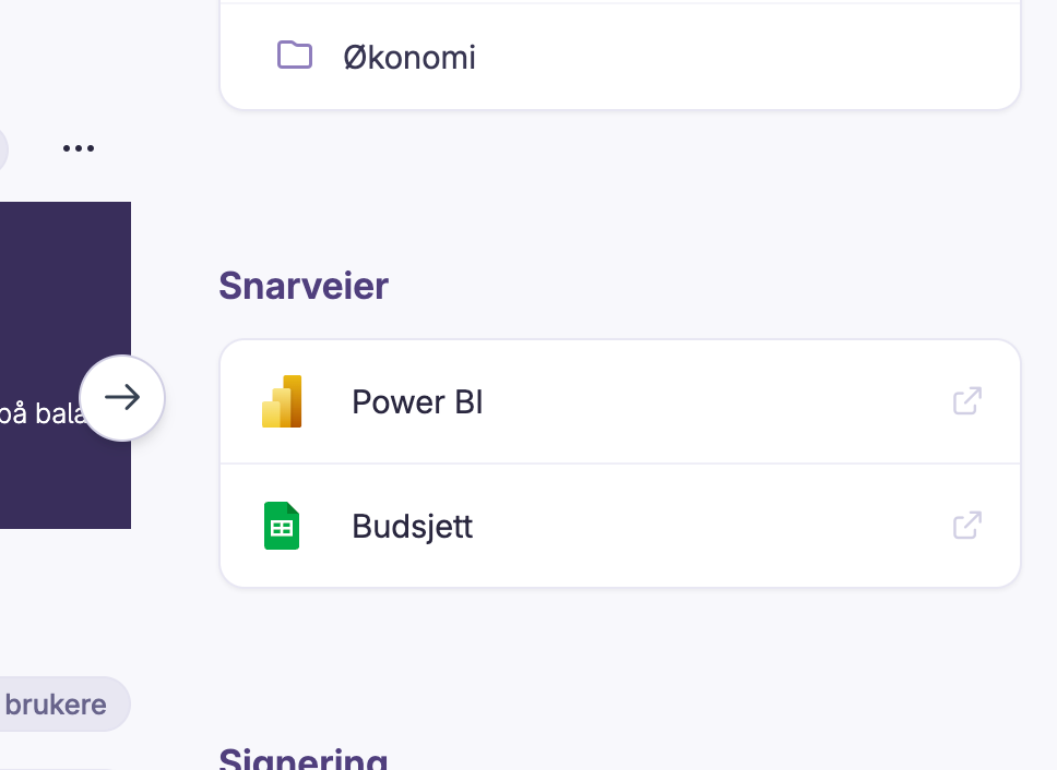 Skjermbilde 1: Snarveier til andre systemer
