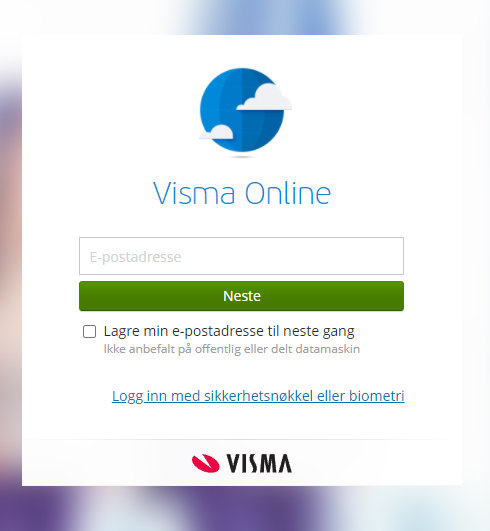 Påloggingsskjerm for Visma Online med felt for e-postadresse og grønn knapp