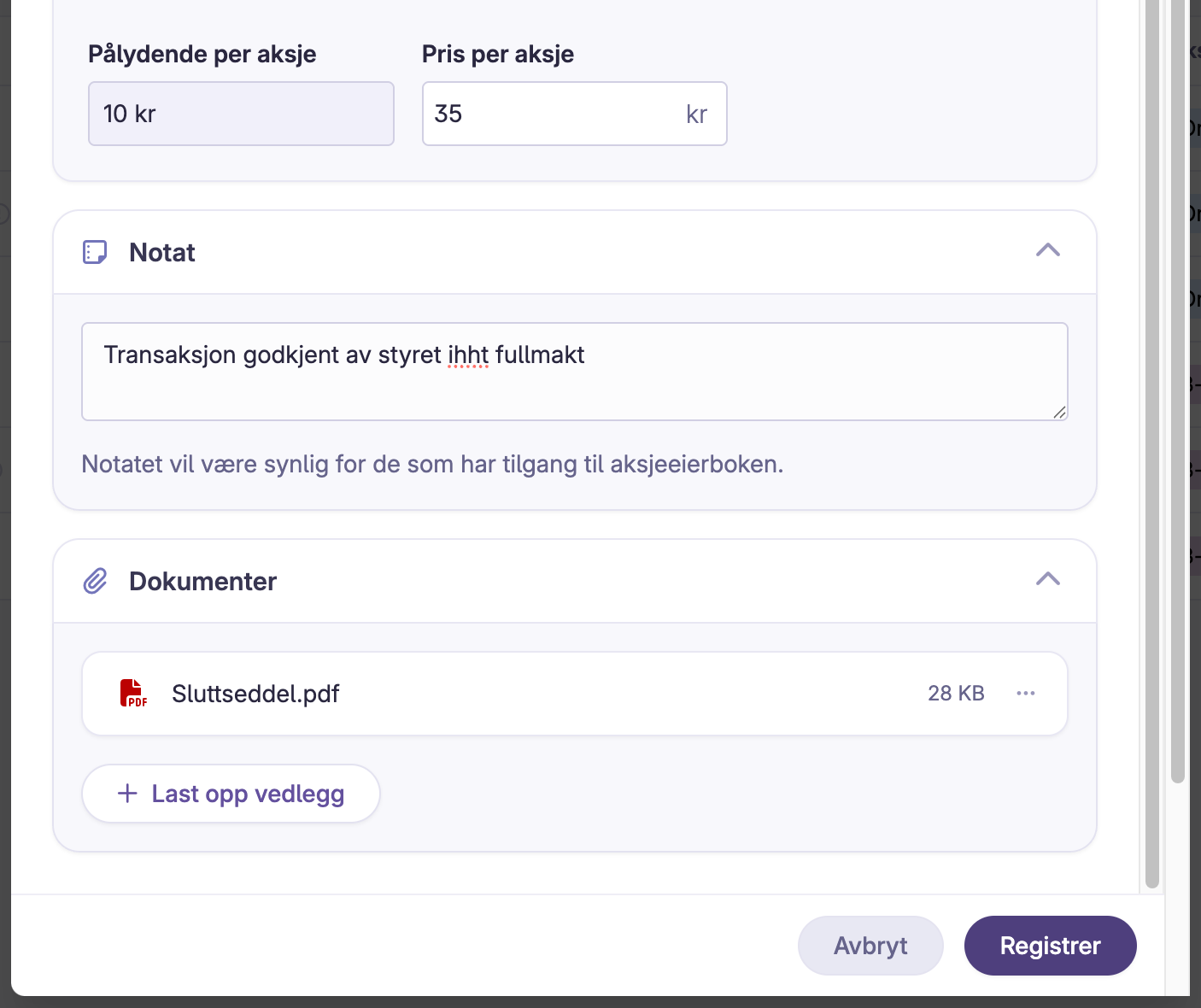 Pålydende og pris per aksje, notat om transaksjon og dokument vedlegg