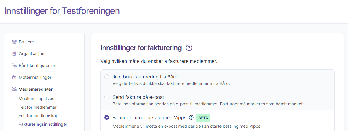 Innstillinger for fakturering med valg for Vipps-betaling aktivert og