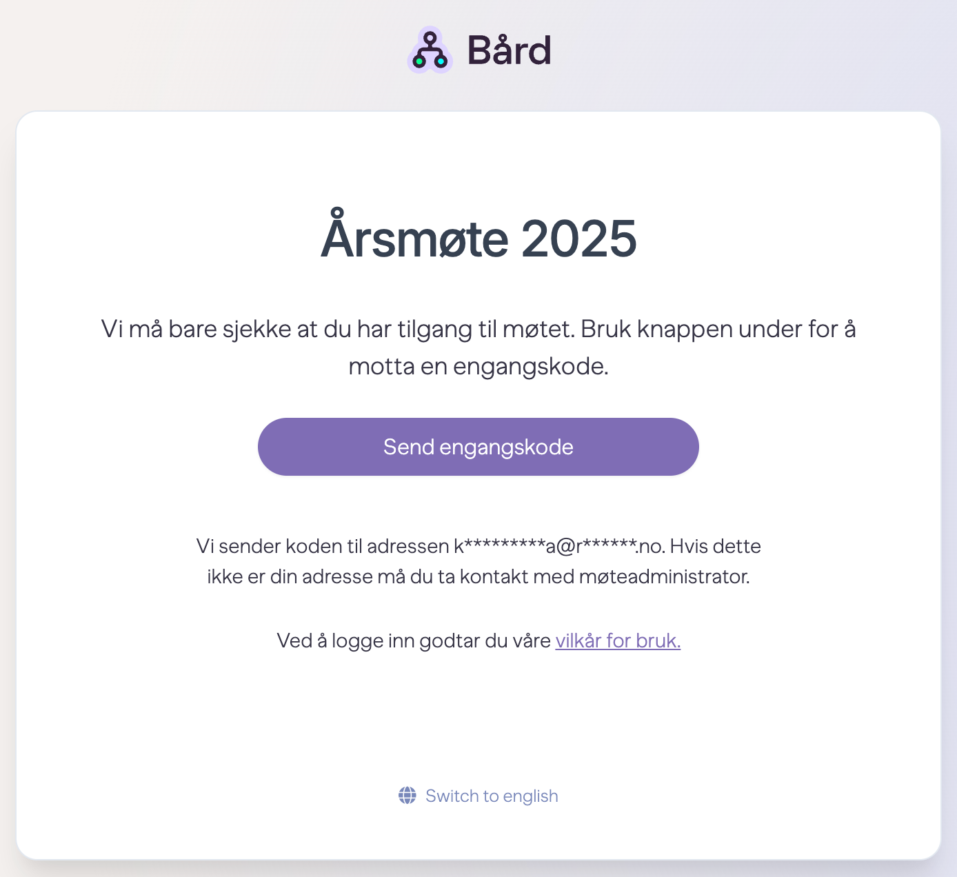 Innlogging til årsmøte med knapp for å sende engangskode til e-postadresse