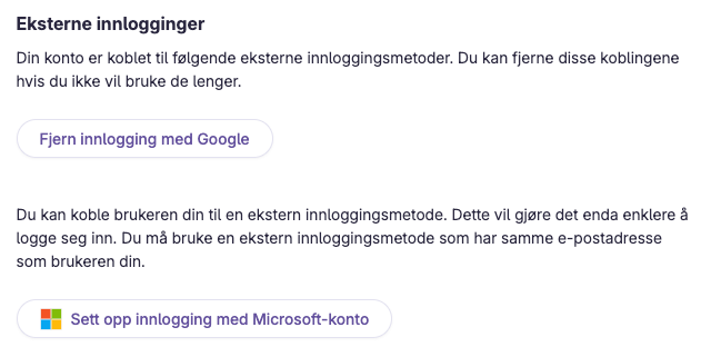 Alternativer for å fjerne eller sette opp ekstern innlogging via Google eller