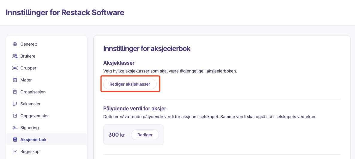 Innstillinger for aksjeeierbok