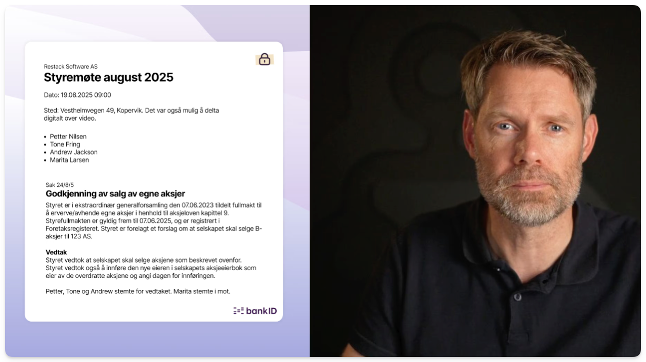 Mann med skjegg ved siden av digitalt styremøte med vedtak om aksjesalg