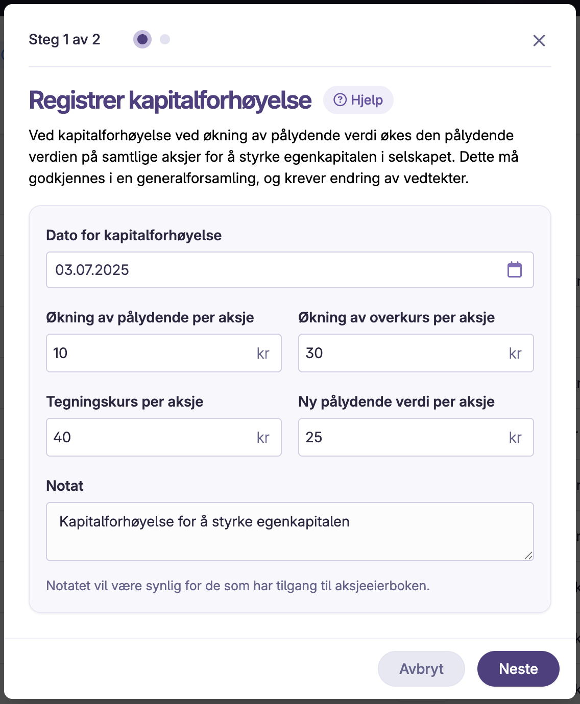 Registrering av kapitalforhøyelse med dato og ny pålydende verdi per aksje