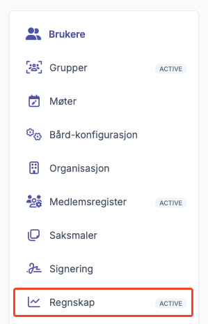Meny til venstre med valg som Brukere, Grupper, Regnskap aktivert markert med