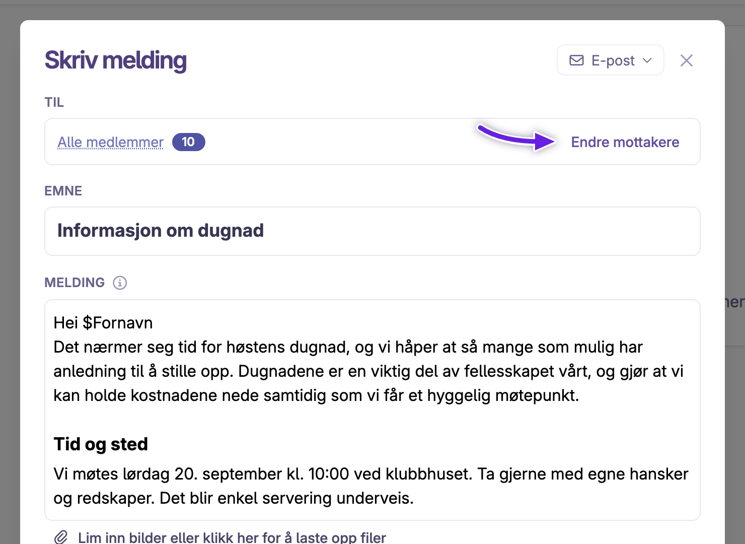 Medlemsmeldingen med «Alle medlemmer» og knappen «Endre mottakere»