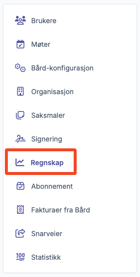 Meny med valg for Regnskap markert i venstrepanel