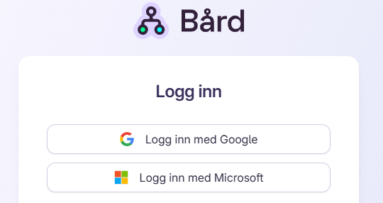 Innloggingsside i Bård med knapper for å logge inn med Google, Microsoft eller e-postadresse
