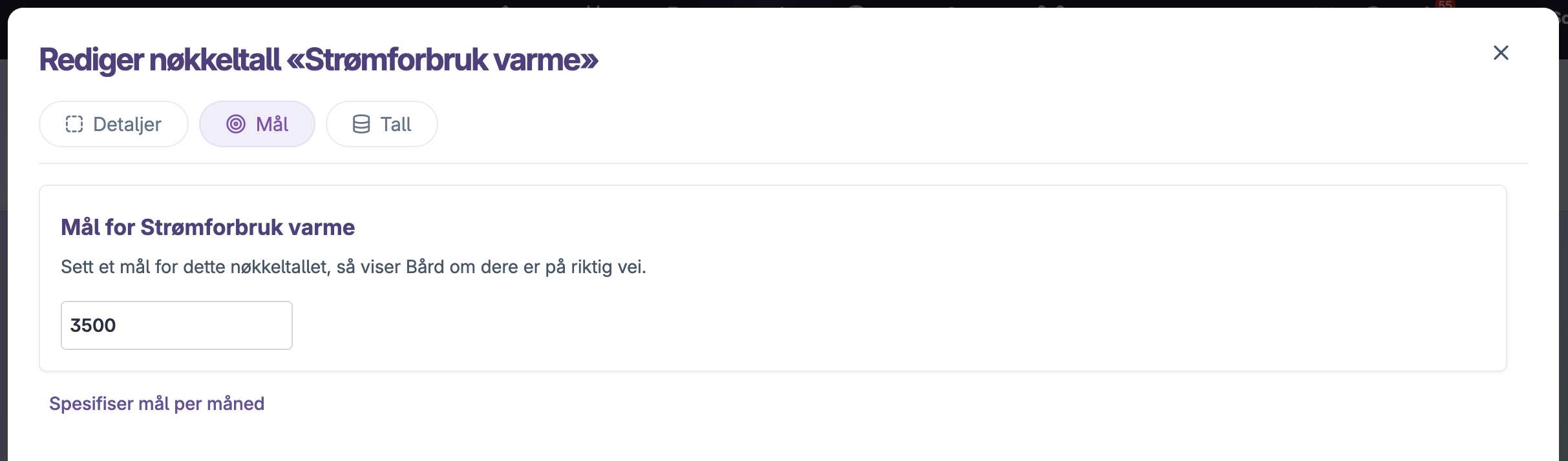 Rediger mål for strømforbruk varme med overordnet verdi og valg for månedsmål