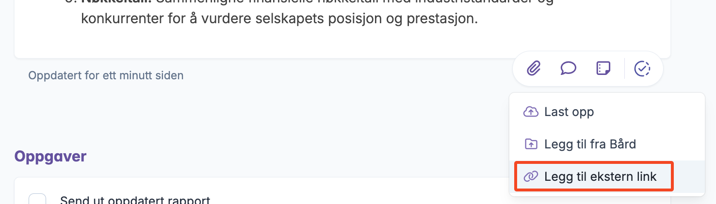 Meny for å legge til ekstern link til sak i møte med binders-ikon markert