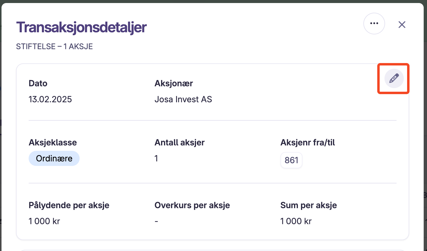Transaksjonsdetaljer for 1 aksje med redigeringsikon markert