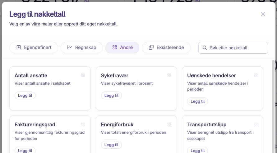 Skjermbilde 1: Legg til andre nøkkeltall