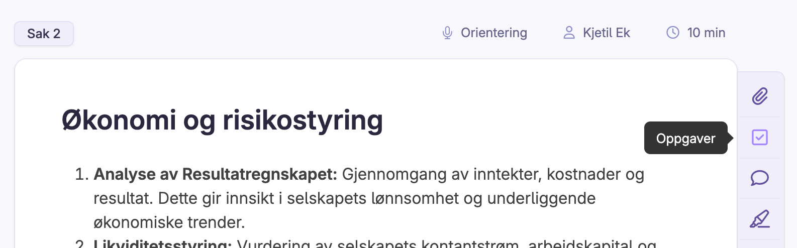 Tekst om økonomi og risikostyring med oppgaveknapp åpnet på siden