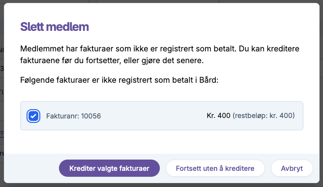 Sletting av medlem og kreditering av faktura