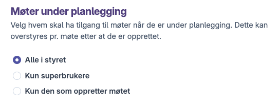 Valg av tilgangsnivå for møter under planlegging med tre alternativer