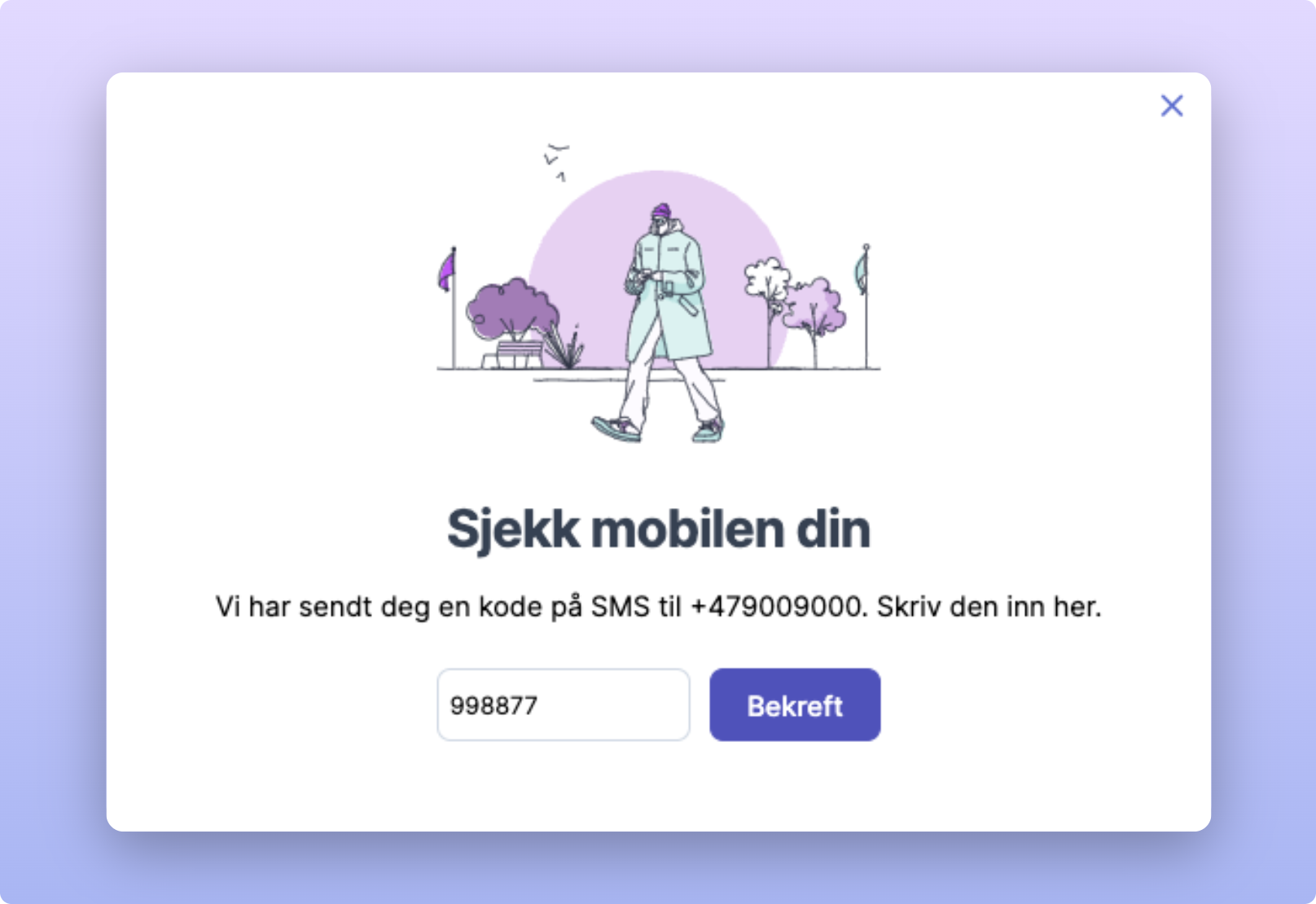 Person som går med mobil, melding om kode sendt på SMS og bekreftelsesfelt