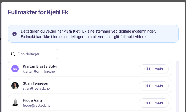 Valg av deltager for fullmakt ved digitale avstemninger i møte