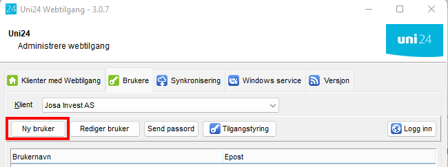 Uni24 webtilgang med faner og knapp for å opprette ny bruker markert
