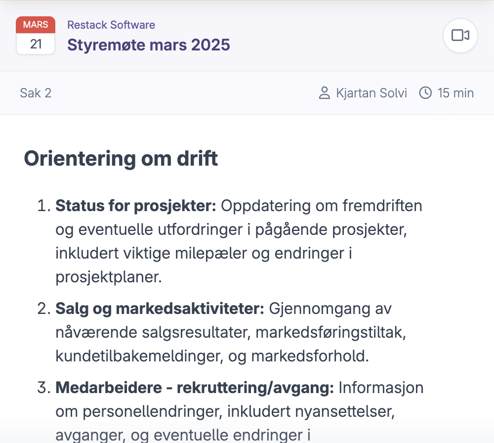 Innkalling til styremøte med agenda om drift, salg og medarbeidere