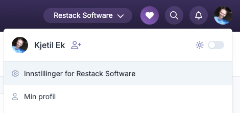 Brukermeny med valget Innstillinger for Restack Software aktivert under Kjetil