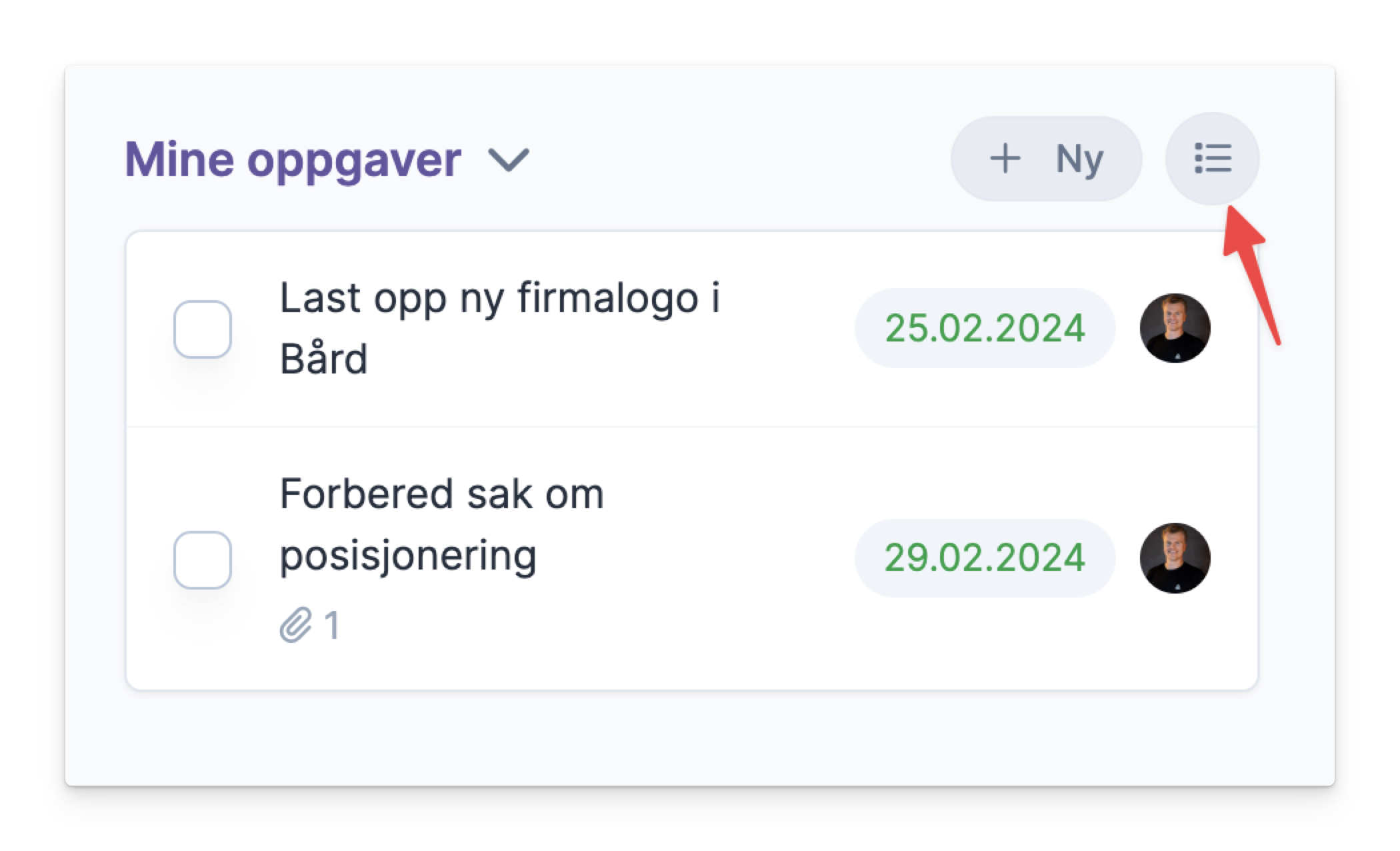 Oppgaveoversikt med oppgaver, tidsfrister og brukerbilder i dashbord