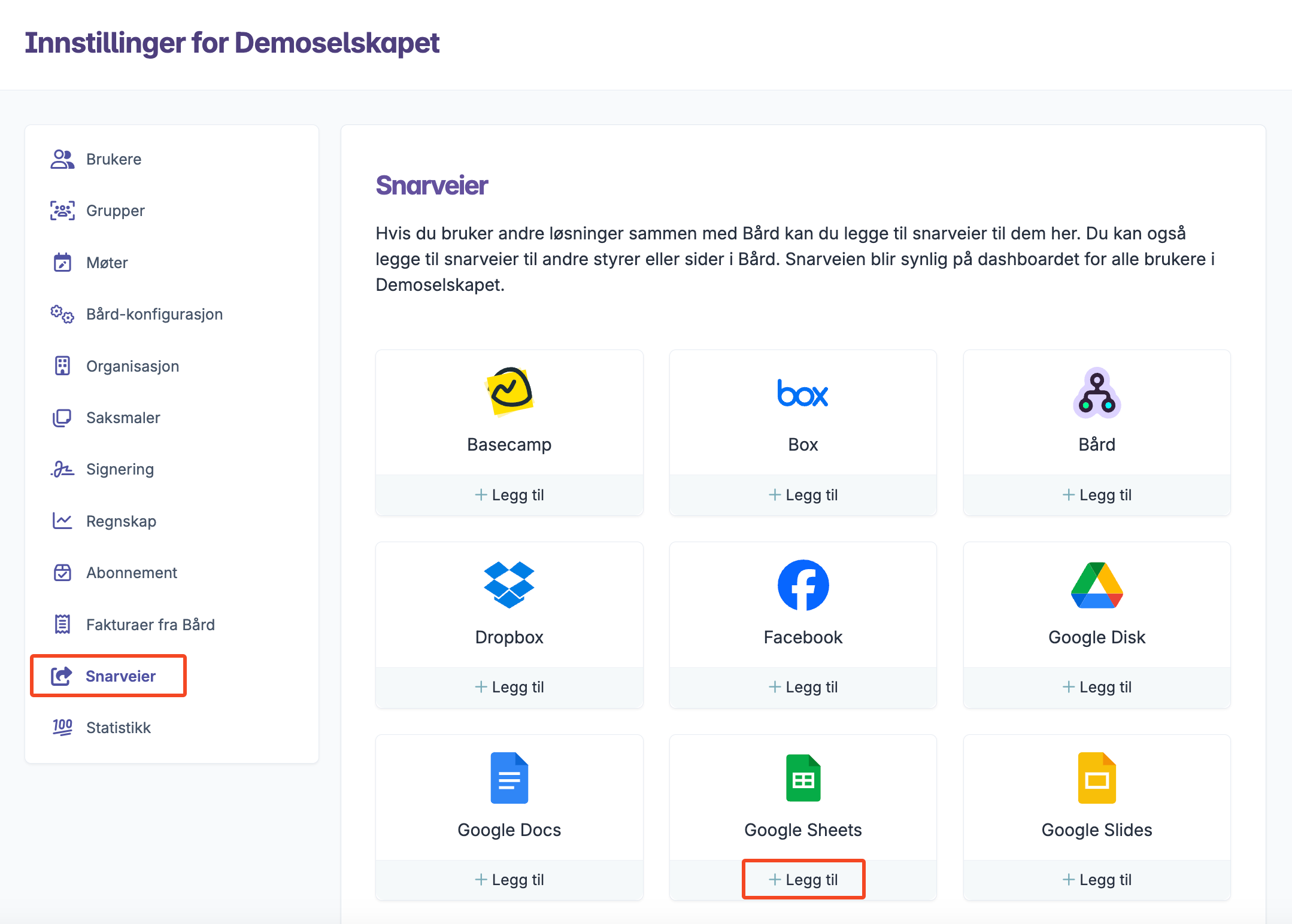 Innstillinger for snarveier med alternativer som Google Sheets og Dropbox