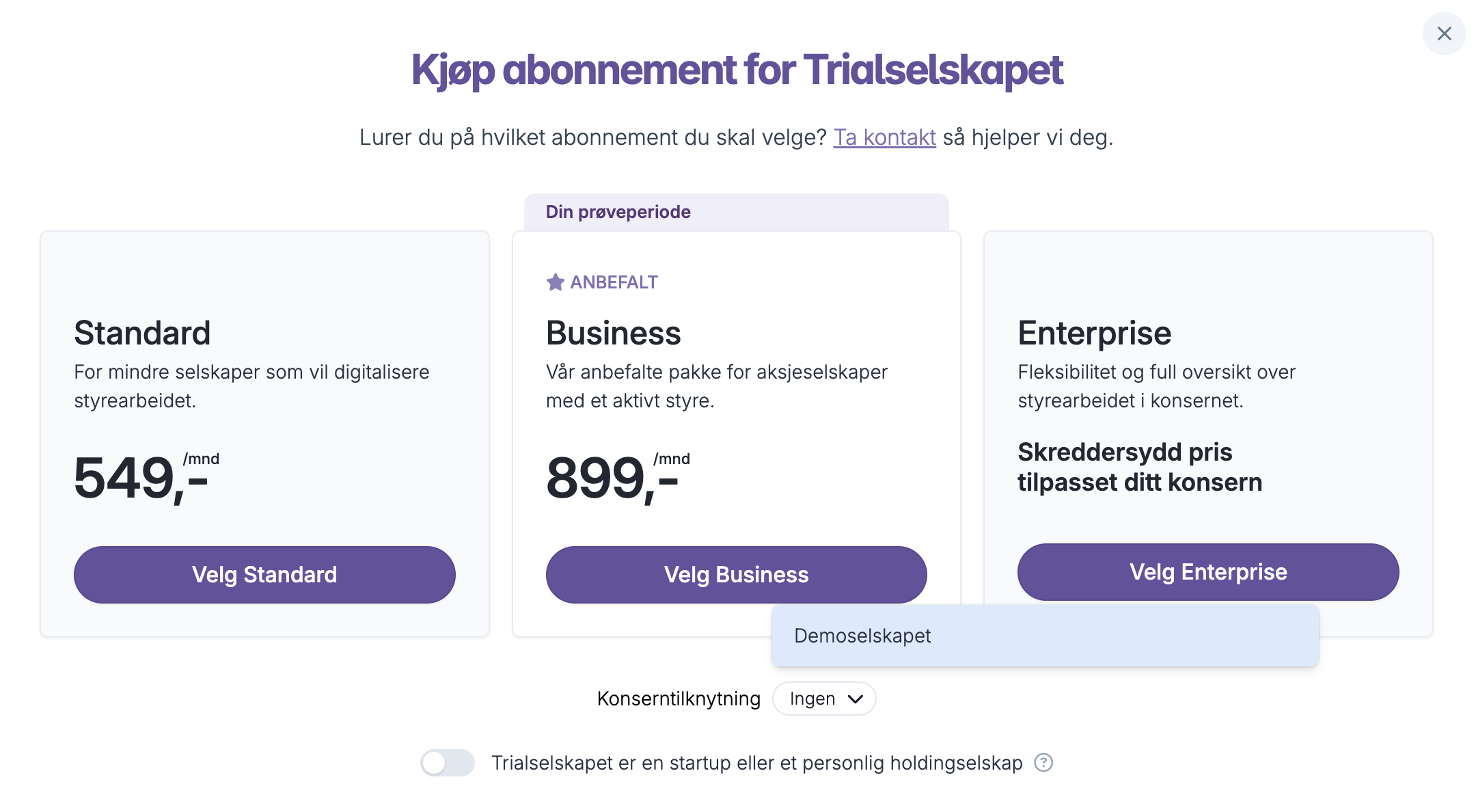Valg av abonnement med tre pakker og nedtrekksmeny for konserntilknytning