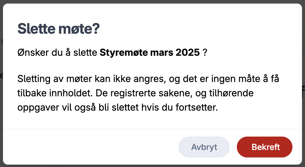Dialogboks for bekreftelse av sletting av møte med advarsel om tap av data