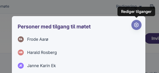 Liste over personer med tilgang til møte med redigeringsikon