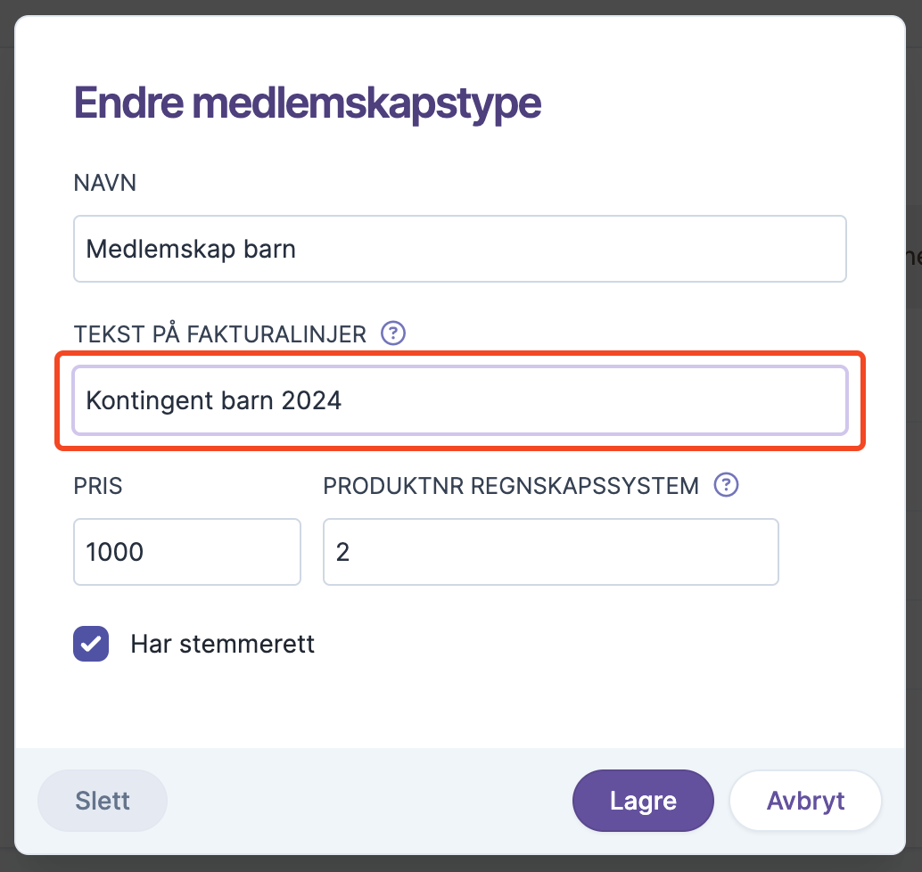 Endre medlemskapstype med navn medlemskap barn tekst på fakturalinjer