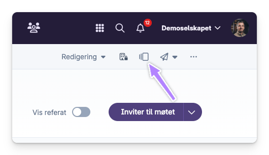 Navigasjonsmeny med innstilling for invitasjoner til møte og knapp for historikk