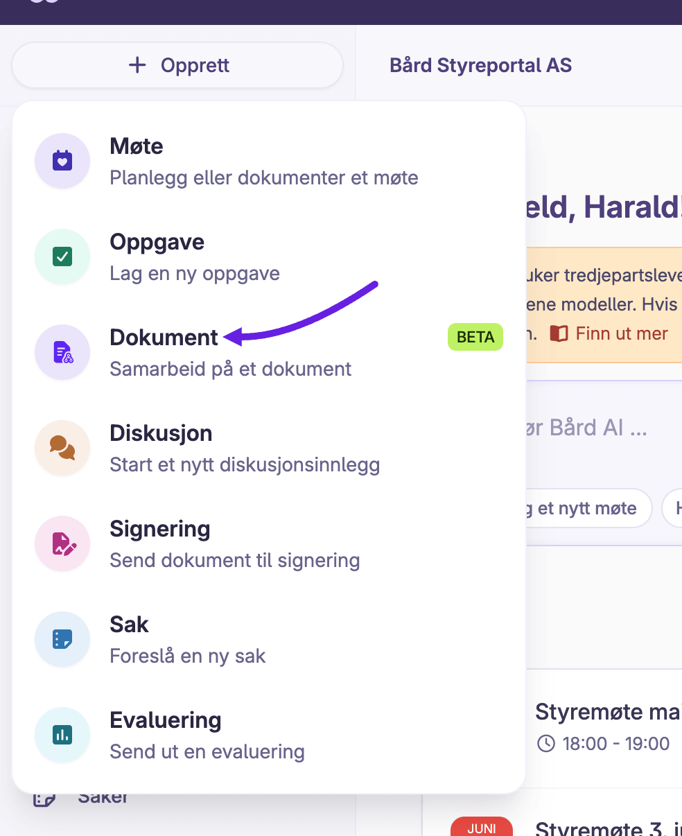 «Opprett»-knappen øverst i venstremenyen med åpen meny og «Dokument» valgt