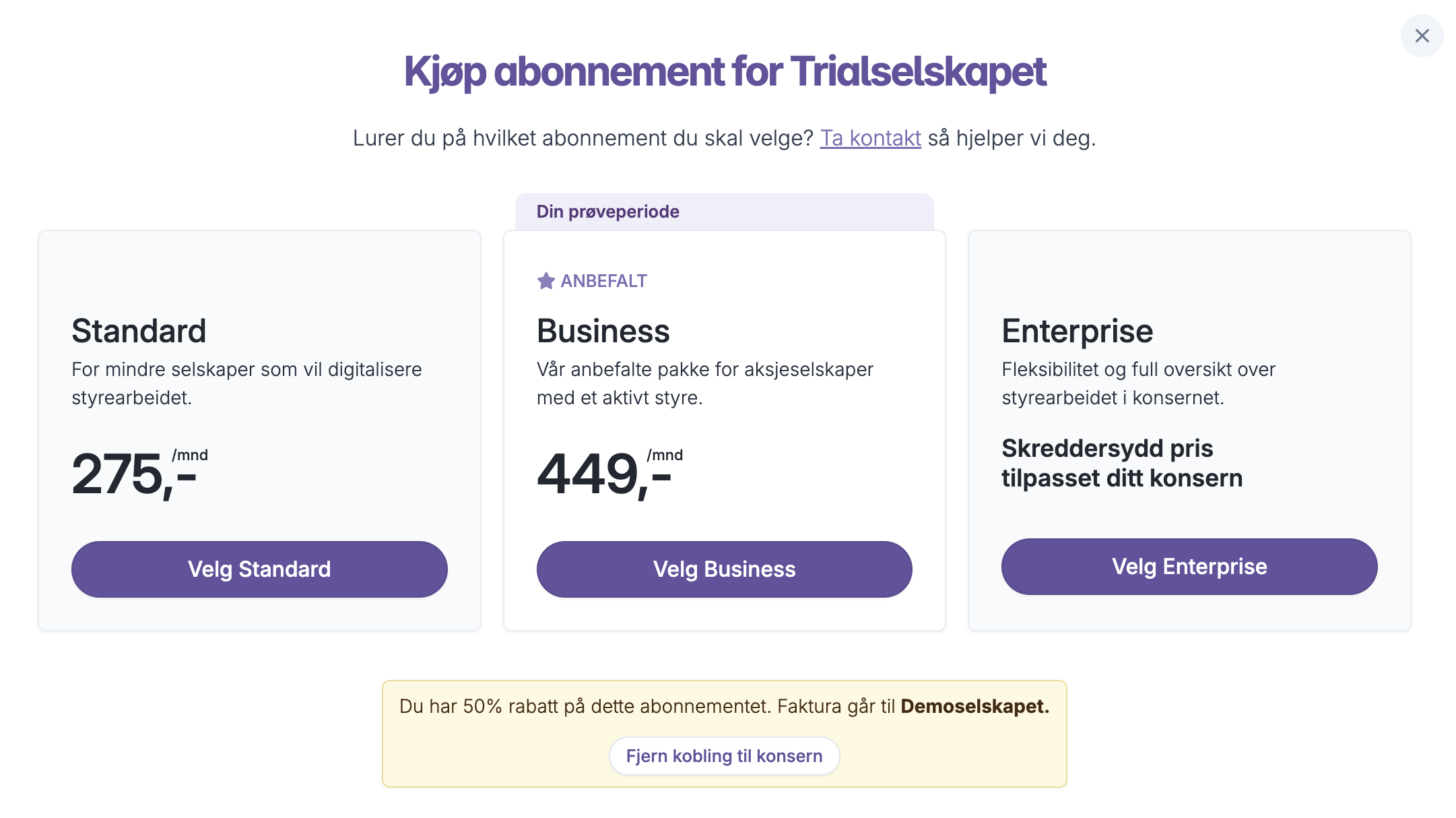 Abonnementvalg for datterselskap med 50% konsernrabatt og faktura til