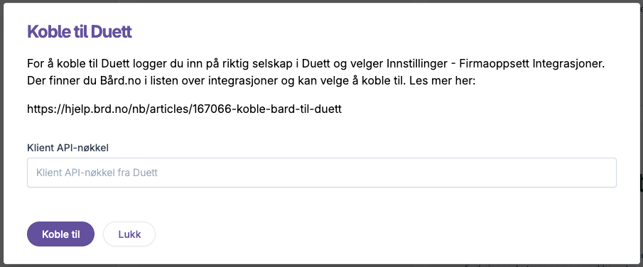 Dialogboks for å lime inn API-nøkkel og koble til Duett-integrasjon