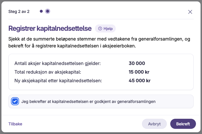 Skjermbilde 3: Kapitalnedsettelser med reduksjon av pålydende verdi