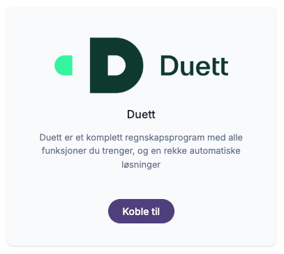 Duett logo, beskrivelse av regnskapsprogram og knapp for å koble til