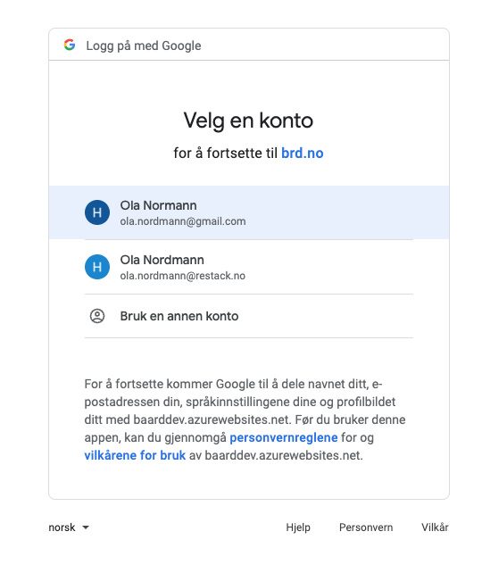 Velg Google-konto for innlogging til brd.no med flere valg og personverninfo