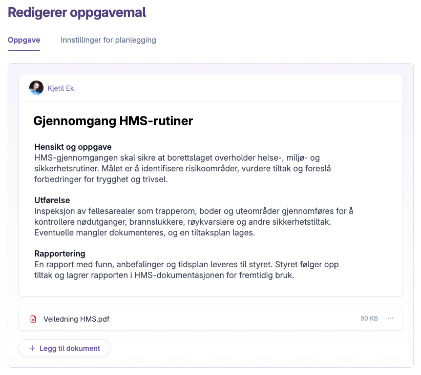 Redigering av oppgavemal med tekst om HMS-gjennomgang og vedlagt dokument