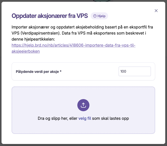Dialogboks for import av aksjonærer fra VPS med felt for pålydende verdi og