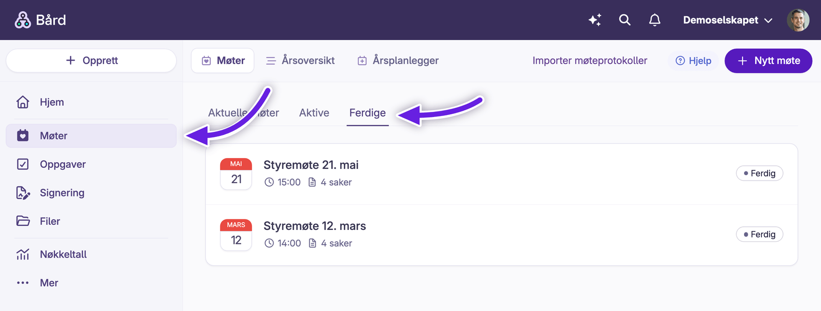 Liste over ferdigstilte møter med datoer og signerte referater under Møter-fanen