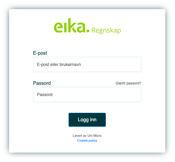 Innloggingsside for Eika Regnskap med felt for e-post og passord