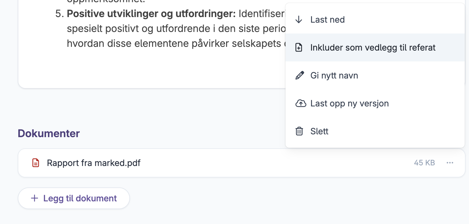 Meny for dokumentfil med valg om å inkludere som vedlegg til referat