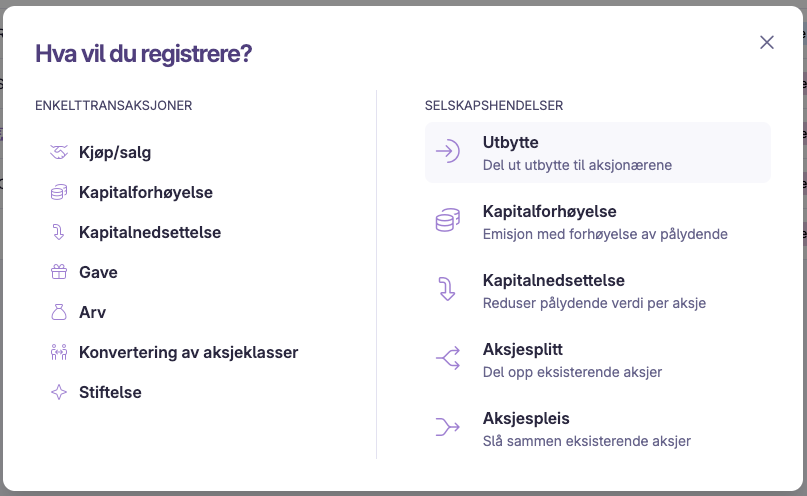 Skjermbilde 1: Registrere utbytte i aksjeeierboken