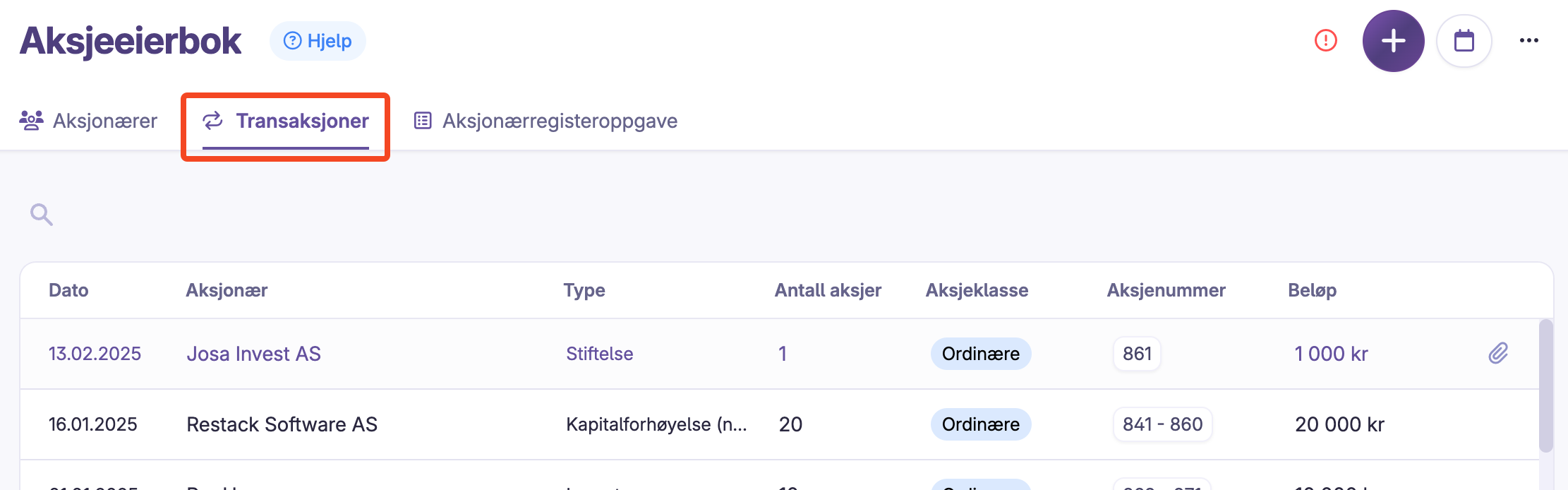 Transaksjonsliste med dato, aksjonær, type, antall aksjer og beløp
