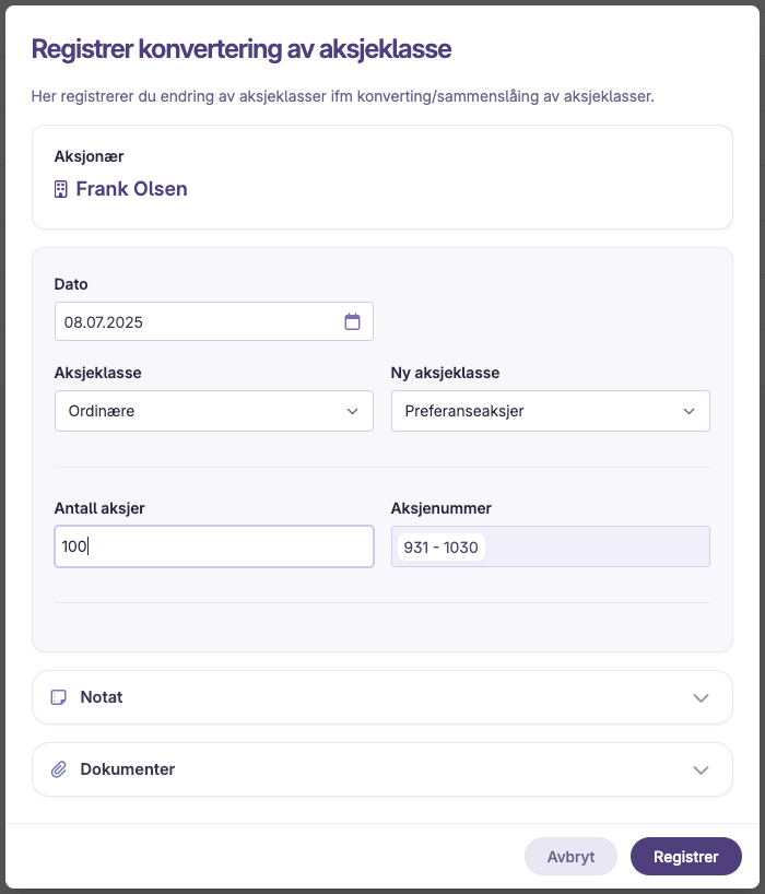 Registrer konvertering av aksjeklasse