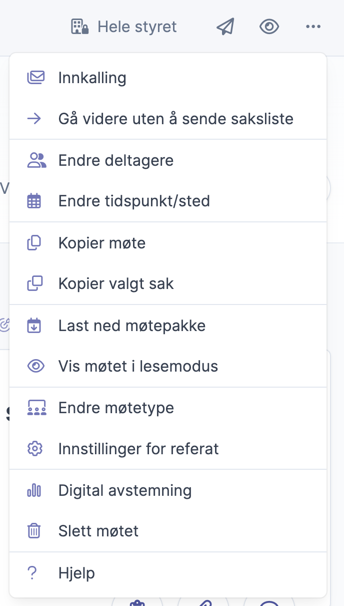 Meny med alternativer for møteinnstillinger og slette møte nederst