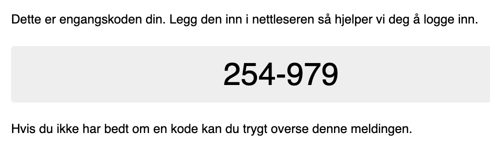 Engangskode 254-979 sendes til e-postadresse for innlogging