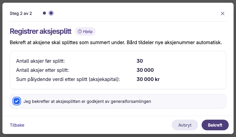 Registrering av aksjesplitt med antall aksjer før og etter, godkjent av